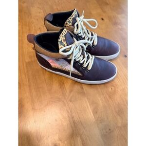 Inkkas Womens 7 High Top Leather Sneakers Hot Air Balloon Leopard Print Brown